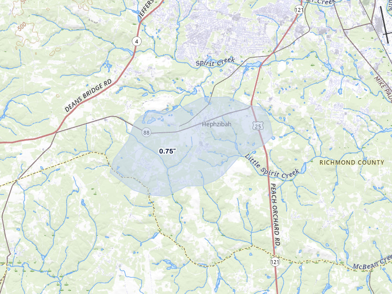 NEXRAD radar-signature map of the hail storm over Hephzibah, GA on Jul 5, 2026