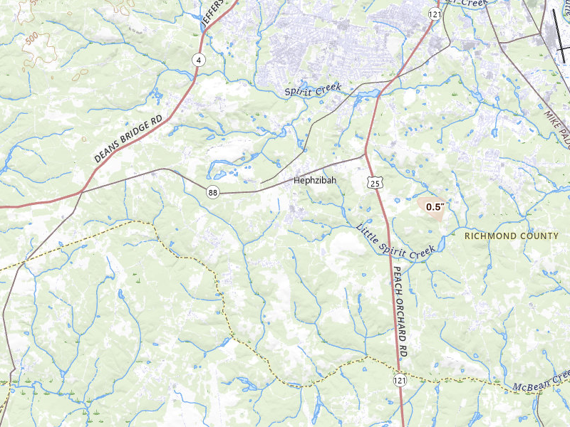 Radar-estimated hail-size map of the storm over Hephzibah, GA on Jul 17, 2026