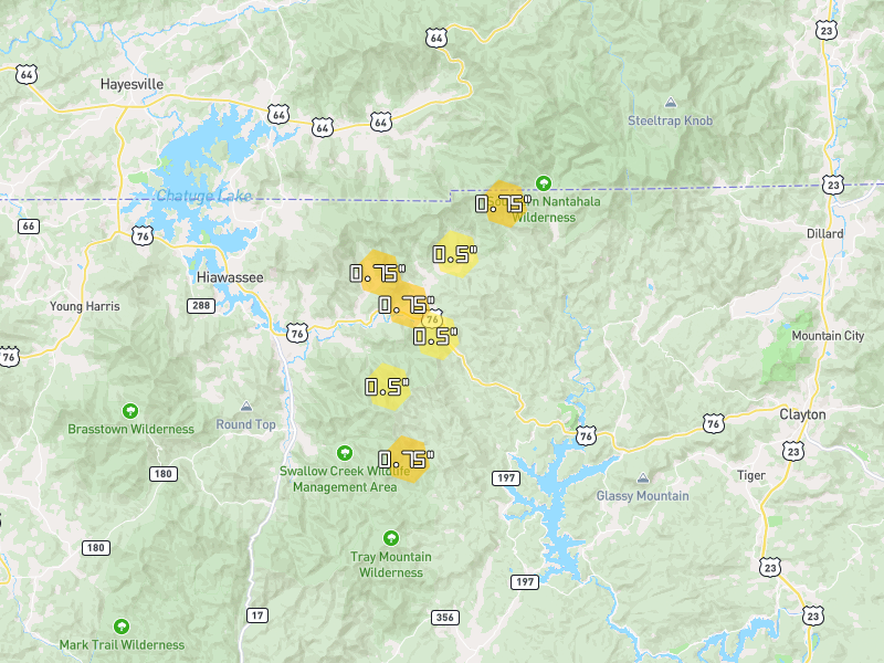 Hail map of Hiawassee, GA on Jul 29, 2026, hail up to 0.75"