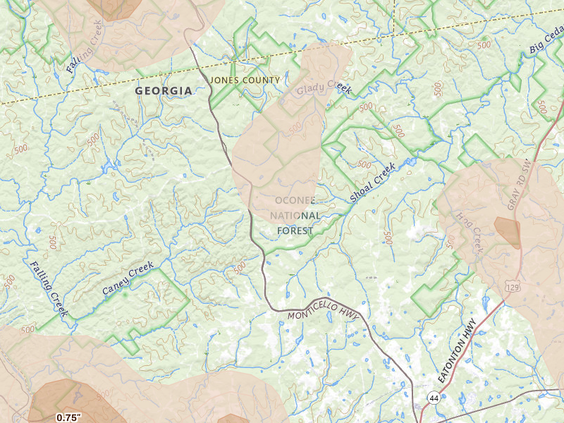 Radar-estimated hail-size map of the storm over Hillsboro, GA on May 17, 2026