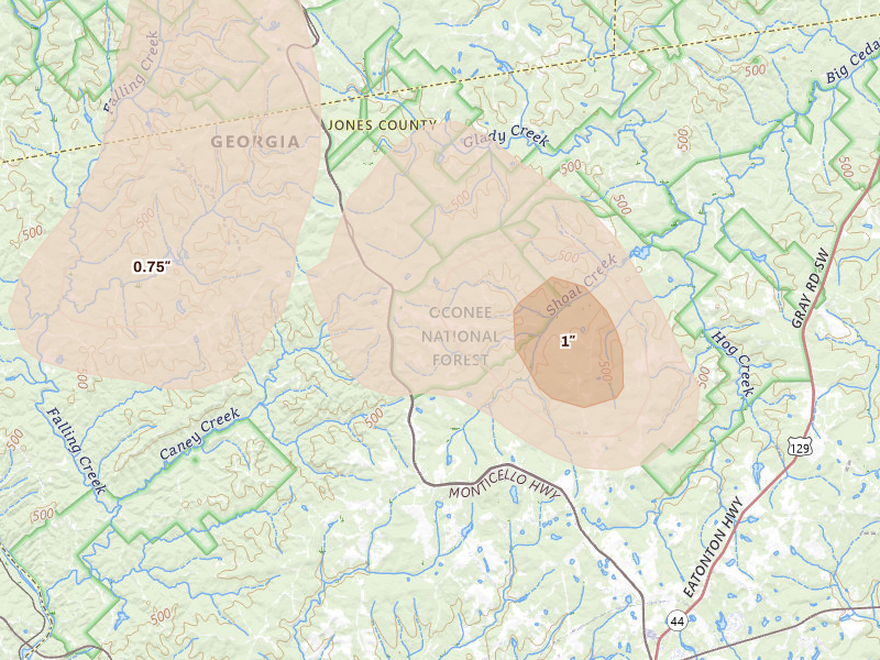 Radar-estimated hail-size map of the storm over Hillsboro, GA on Jul 9, 2026
