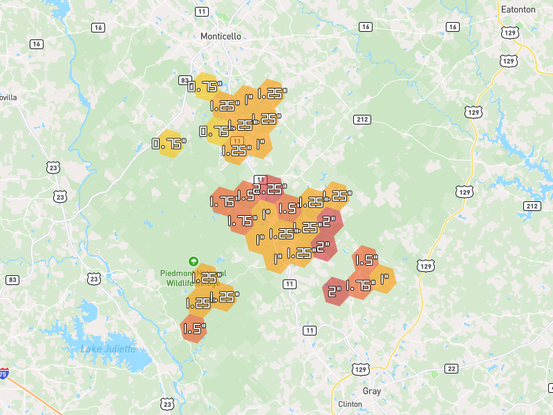 Hail map of Hillsboro, GA on Jul 9, 2026, hail up to 2.25"