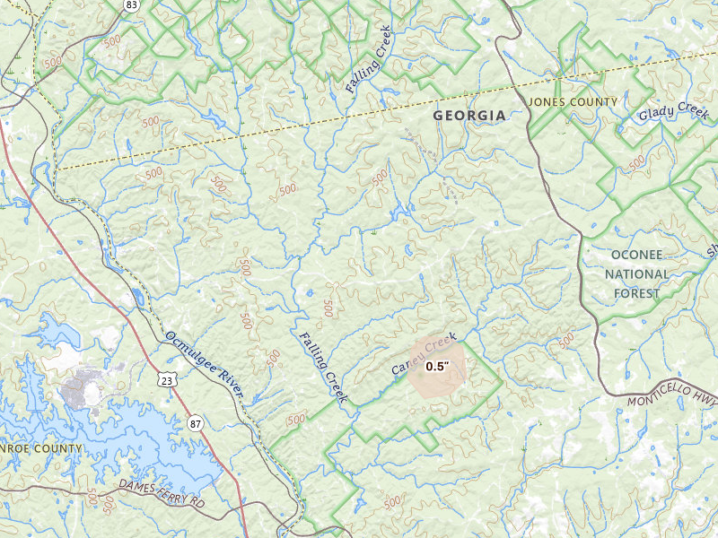 Radar-estimated hail-size map of the storm over Hillsboro, GA on Aug 27, 2026