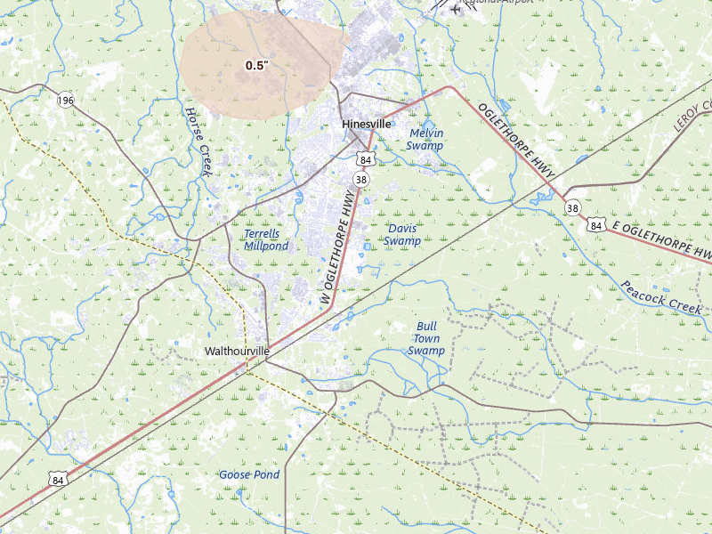 Radar-estimated hail-size map of the storm over Hinesville, GA on Jul 7, 2026