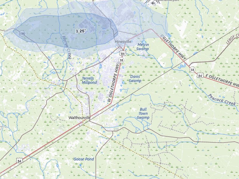 NEXRAD radar-signature map of the hail over Hinesville, GA