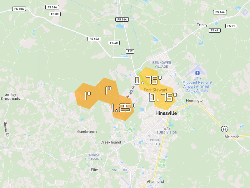 Hail map of Hinesville, GA on Jul 7, 2026, hail up to 1.25"