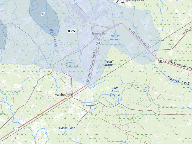 NEXRAD radar-signature map of the hail over Hinesville, GA