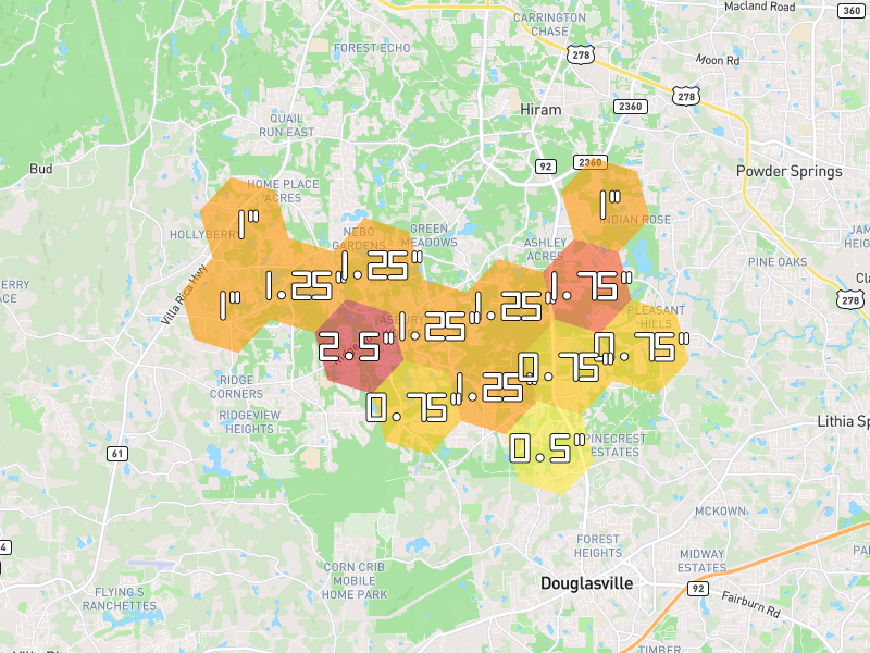 Hail map of Hiram, GA on Jul 2, 2026, hail up to 2.5"