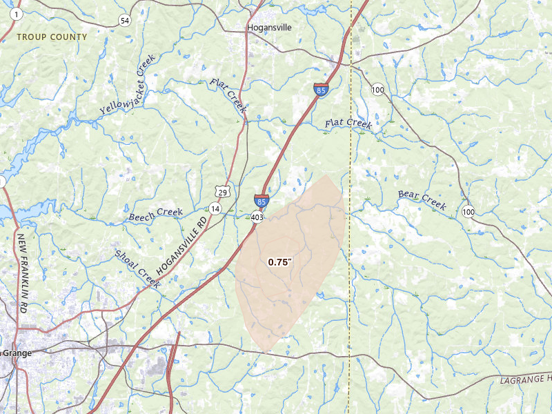 Radar-estimated hail-size map of the storm over Hogansville, GA on May 22, 2026