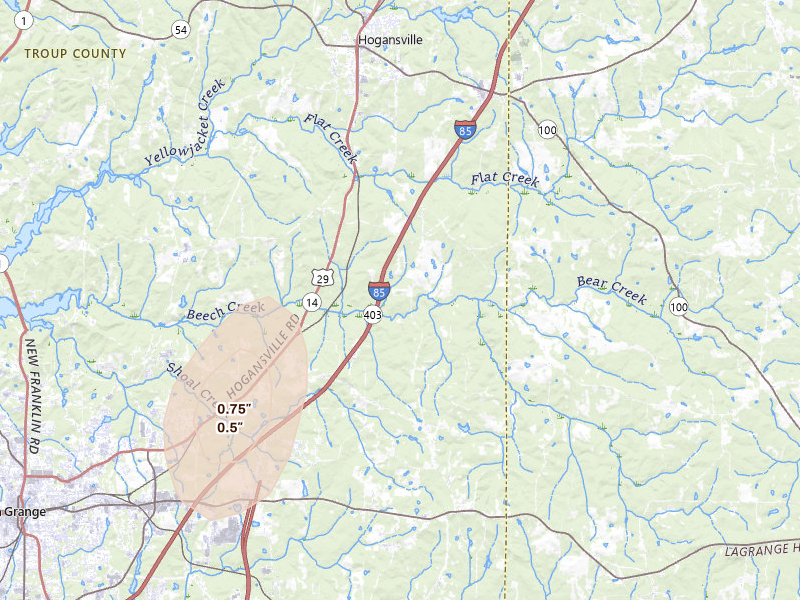 Radar-estimated hail-size map of the storm over Hogansville, GA on Jul 5, 2026