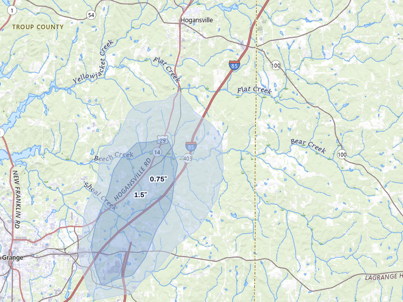 NEXRAD radar-signature map of the hail storm over Hogansville, GA on Jul 5, 2026