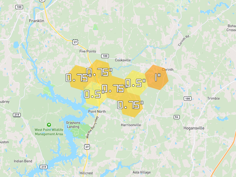 Hail map of Hogansville, GA on Jul 12, 2026, hail up to 1"