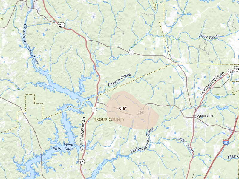 Radar-estimated hail-size map of the storm over Hogansville, GA on Aug 11, 2026