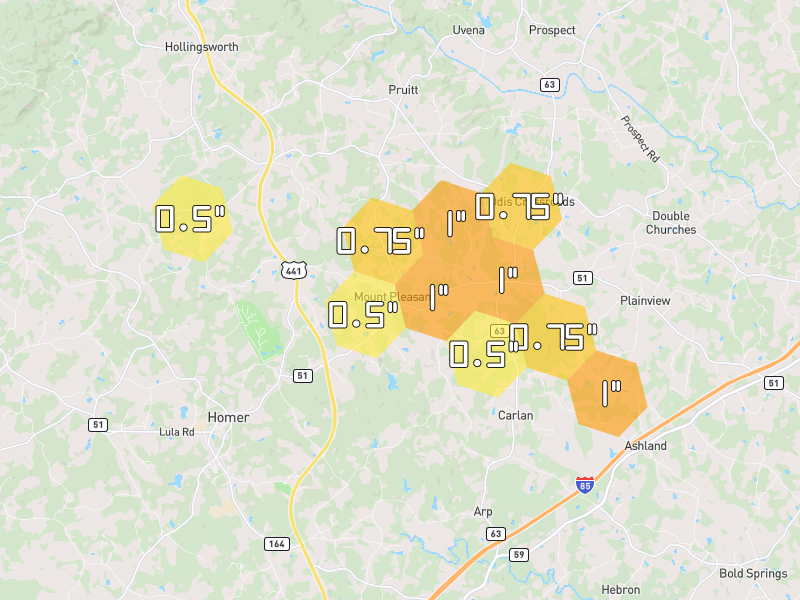 Hail map of Homer, GA on Jul 3, 2026, hail up to 1"