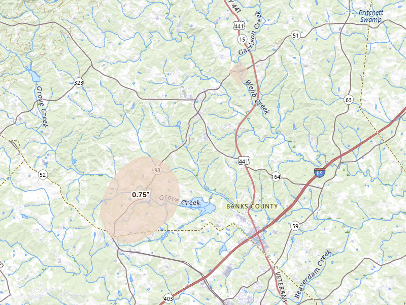 Radar-estimated hail-size map of the storm over Homer, GA on Aug 20, 2026