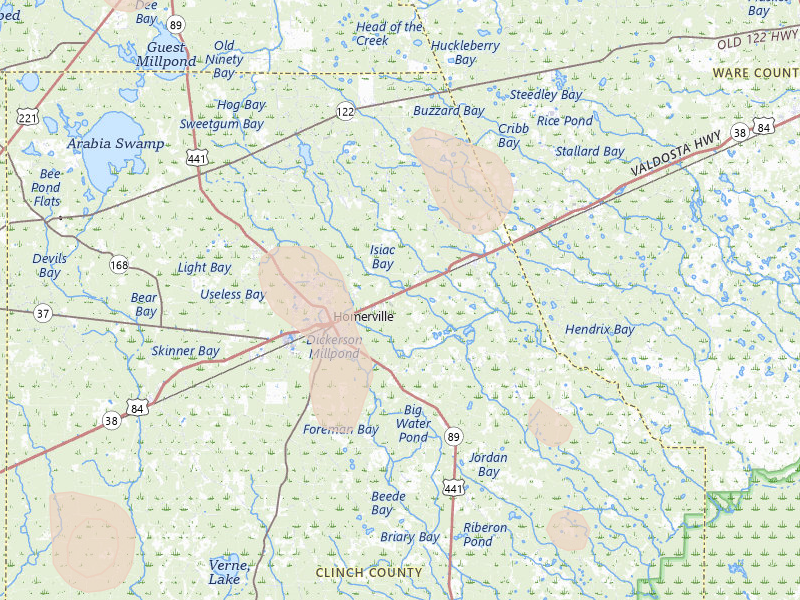 Radar-estimated hail-size map of the storm over Homerville, GA on May 17, 2026