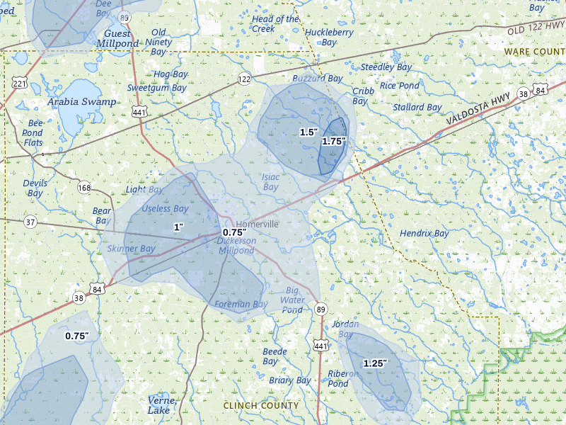 NEXRAD radar-signature map of the hail storm over Homerville, GA on May 17, 2026