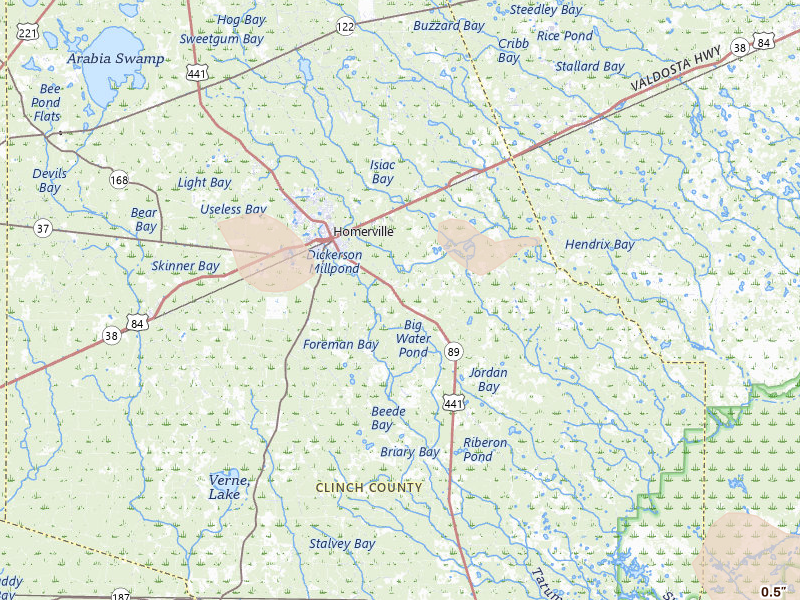 Radar-estimated hail-size map of the storm over Homerville, GA on Aug 12, 2026