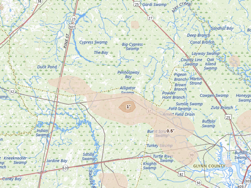 Radar-estimated hail-size map of the storm over Hortense, GA on Jul 29, 2026