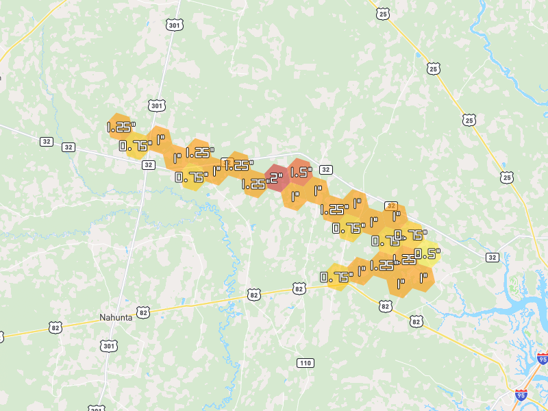Hail map of Hortense, GA on Jul 29, 2026, hail up to 2"