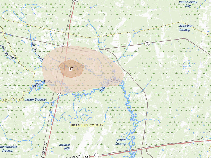 Radar-estimated hail-size map of the storm over Hortense, GA on Aug 25, 2026