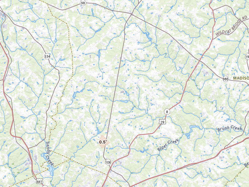 Radar-estimated hail-size map of the storm over Hull, GA on Jun 29, 2026