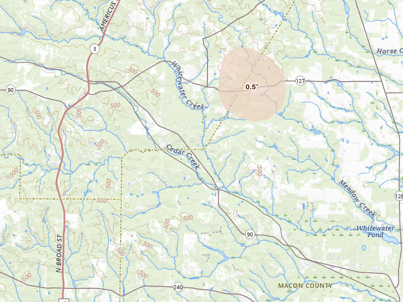 Radar-estimated hail-size map of the storm over Ideal, GA on Apr 1, 2026