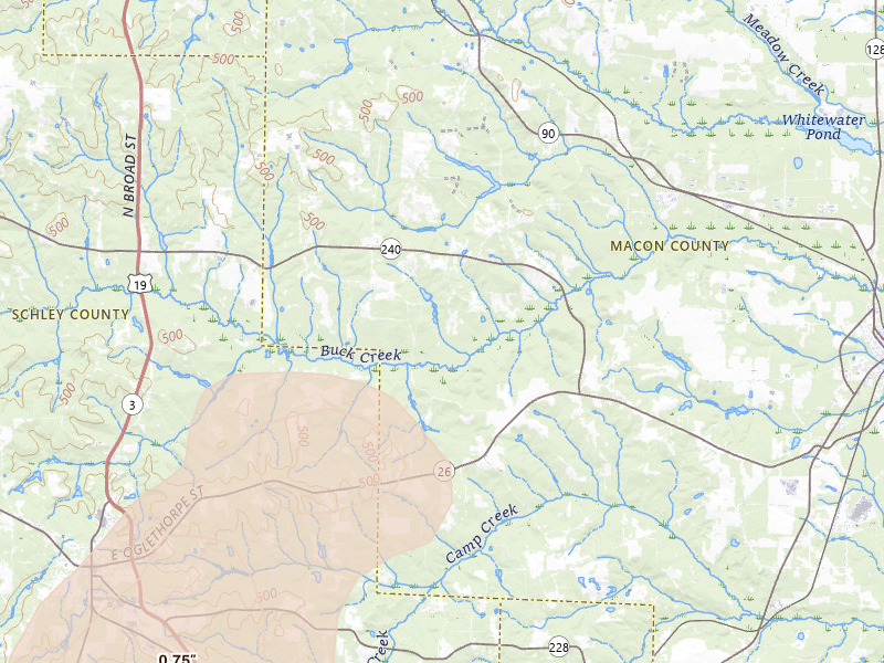 Radar-estimated hail-size map of the storm over Ideal, GA on Aug 11, 2026
