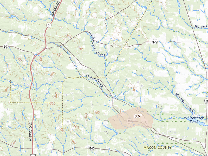 Radar-estimated hail-size map of the storm over Ideal, GA on Aug 27, 2026