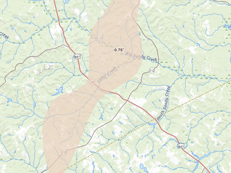 Radar-estimated hail-size map of the storm over Irwinton, GA on Jun 29, 2026