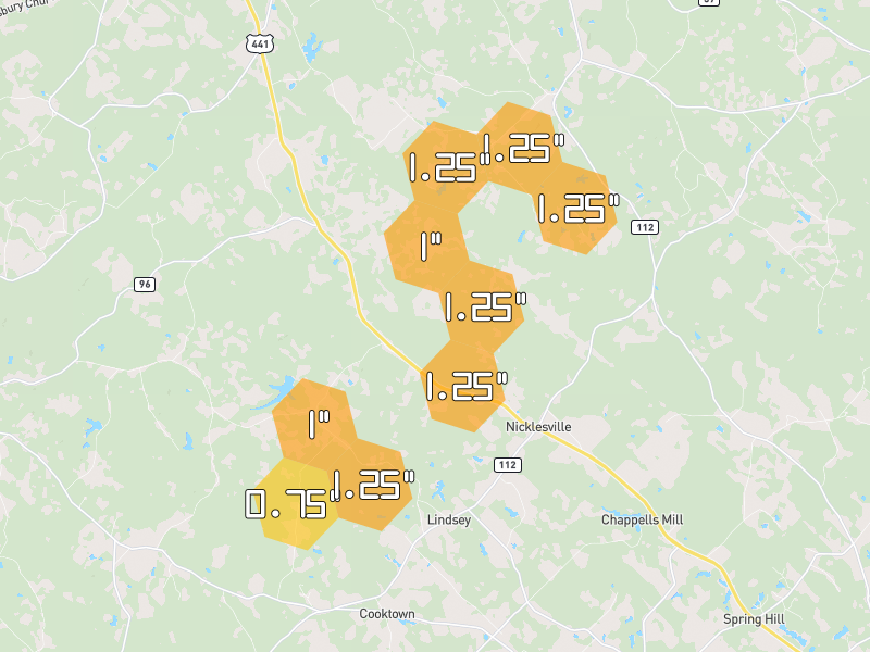 Hail map of Irwinton, GA on Jun 29, 2026, hail up to 1.25"