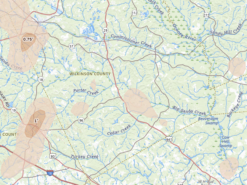 Radar-estimated hail-size map of the storm over Irwinton, GA on Aug 21, 2026