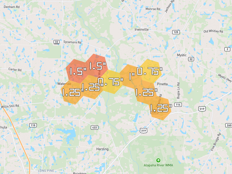 Hail map of Irwinville, GA on Jul 10, 2026, hail up to 1.5"