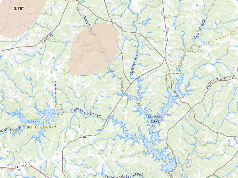 Radar-estimated hail-size map of the storm over Jackson, GA on Mar 6, 2026
