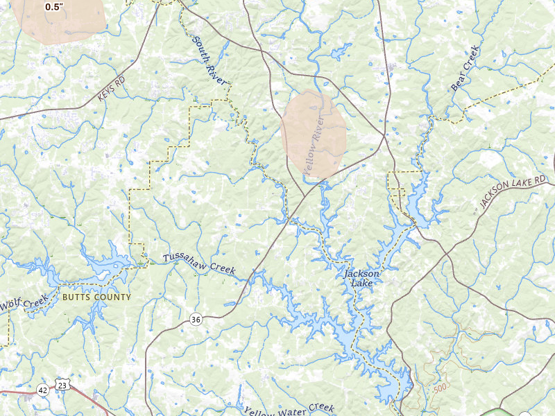 Radar-estimated hail-size map of the storm over Jackson, GA on May 17, 2026