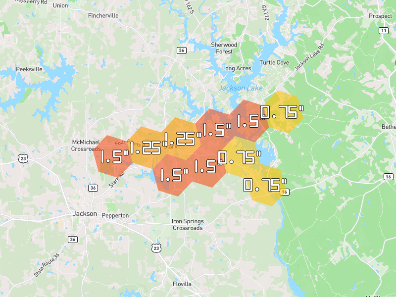 Hail map of Jackson, GA on Jul 12, 2026, hail up to 1.5"
