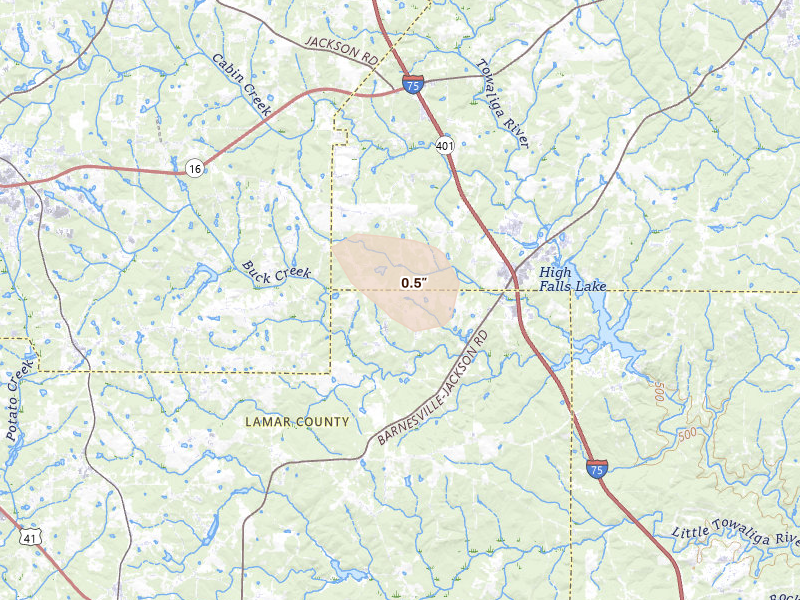 Radar-estimated hail-size map of the storm over Jackson, GA on Aug 13, 2026
