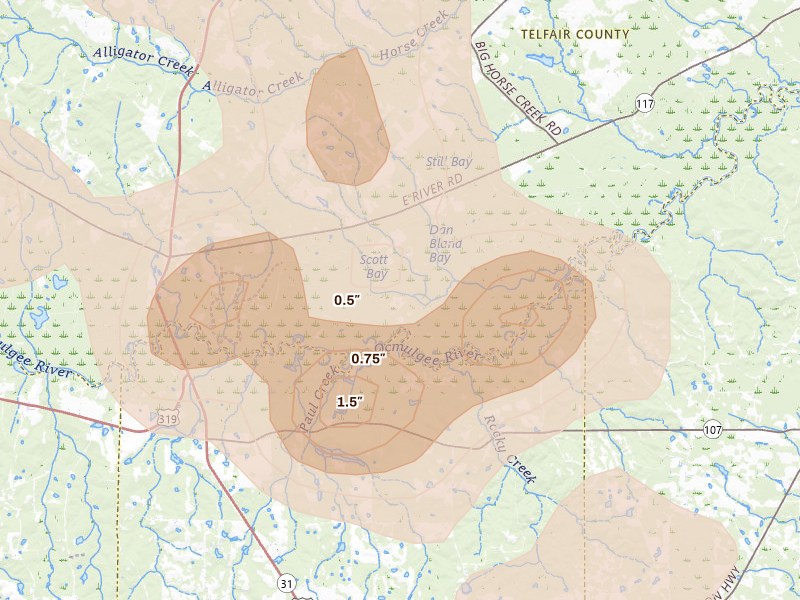 Radar-estimated hail-size map of the storm over Jacksonville, GA on May 17, 2026