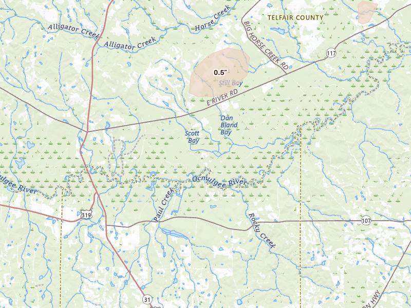 Radar-estimated hail-size map of the storm over Jacksonville, GA on Jul 5, 2026