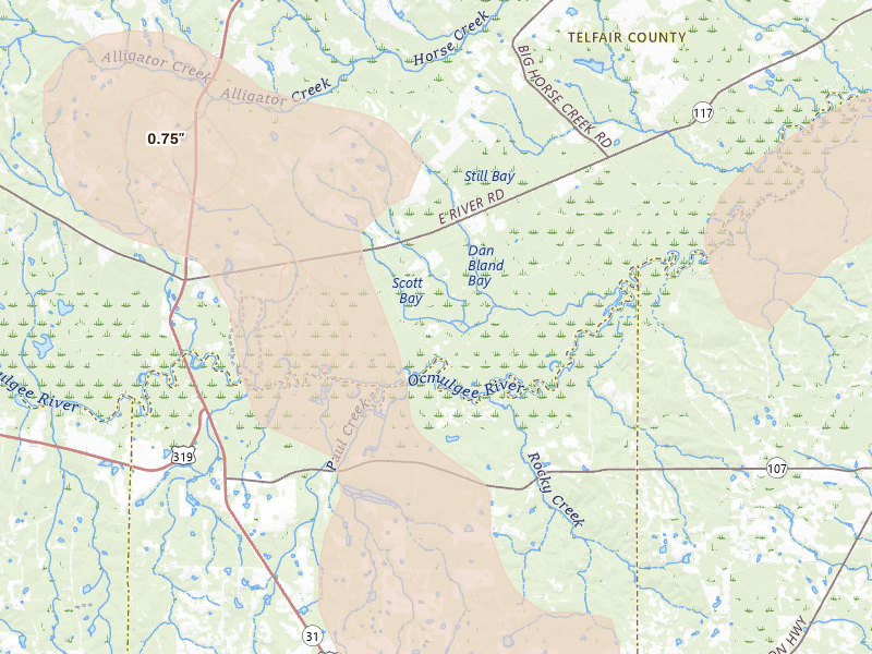 Radar-estimated hail-size map of the storm over Jacksonville, GA on Jul 17, 2026