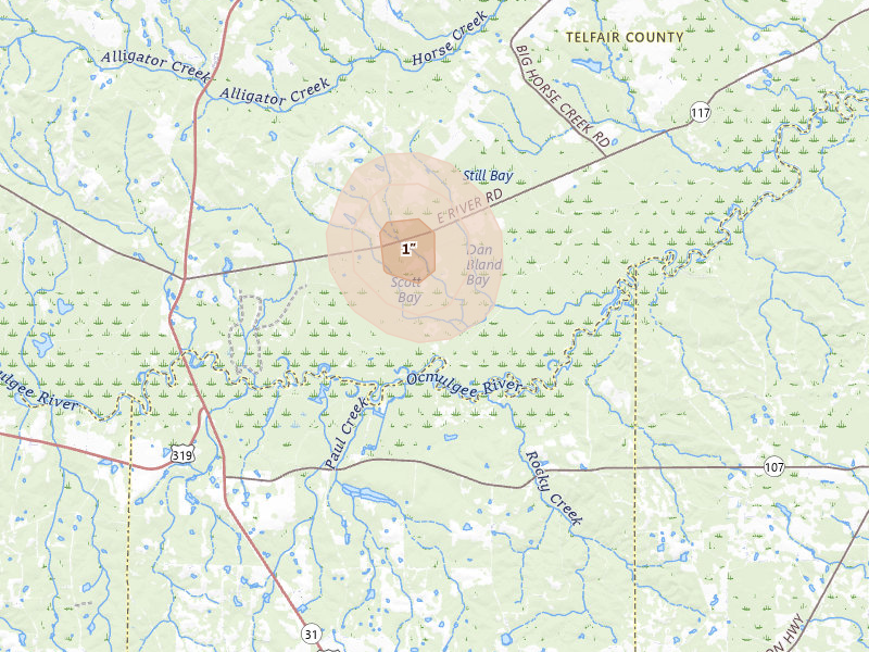 Radar-estimated hail-size map of the storm over Jacksonville, GA on Aug 25, 2026