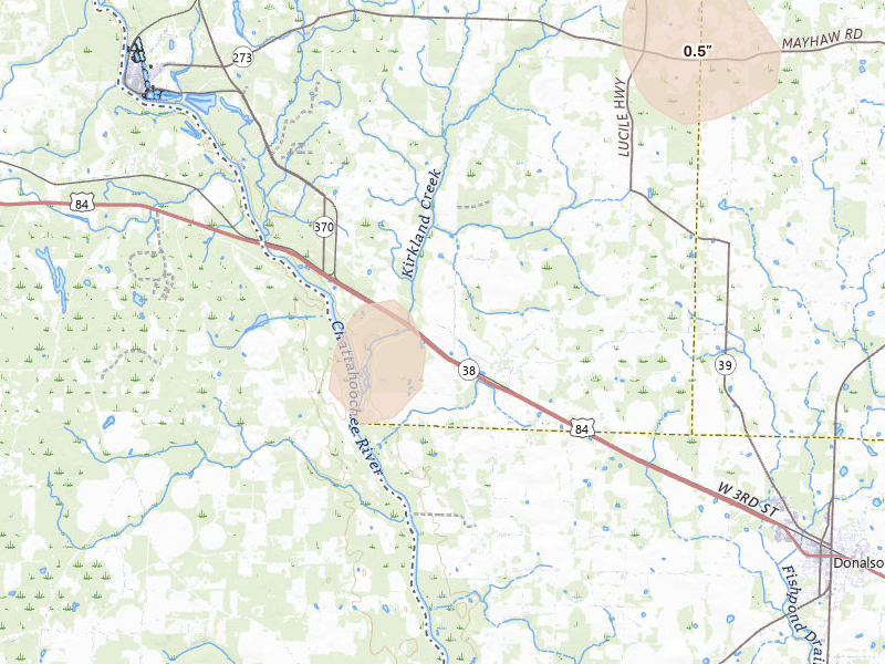 Radar-estimated hail-size map of the storm over Jakin, GA on Jul 7, 2026