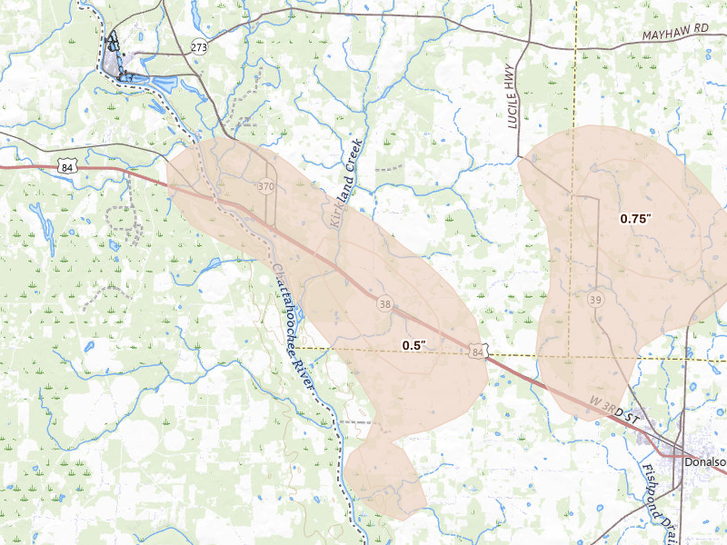 Radar-estimated hail-size map of the storm over Jakin, GA on Jul 29, 2026