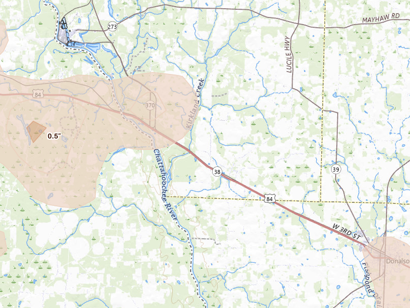 Radar-estimated hail-size map of the storm over Jakin, GA on Aug 12, 2026