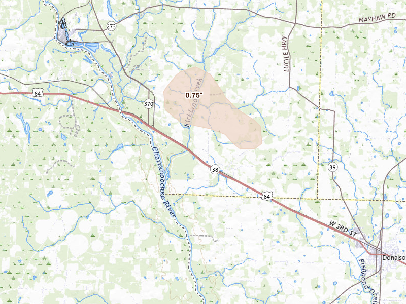 Radar-estimated hail-size map of the storm over Jakin, GA on Aug 19, 2026