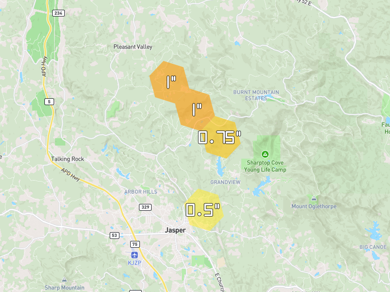 Hail map of Jasper, GA on Jul 29, 2026, hail up to 1"