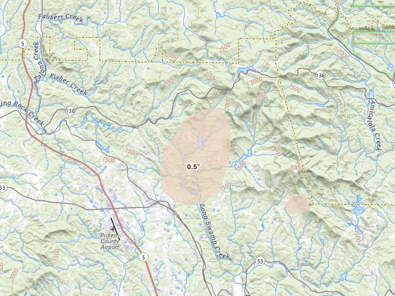 Radar-estimated hail-size map of the storm over Jasper, GA on Aug 4, 2026