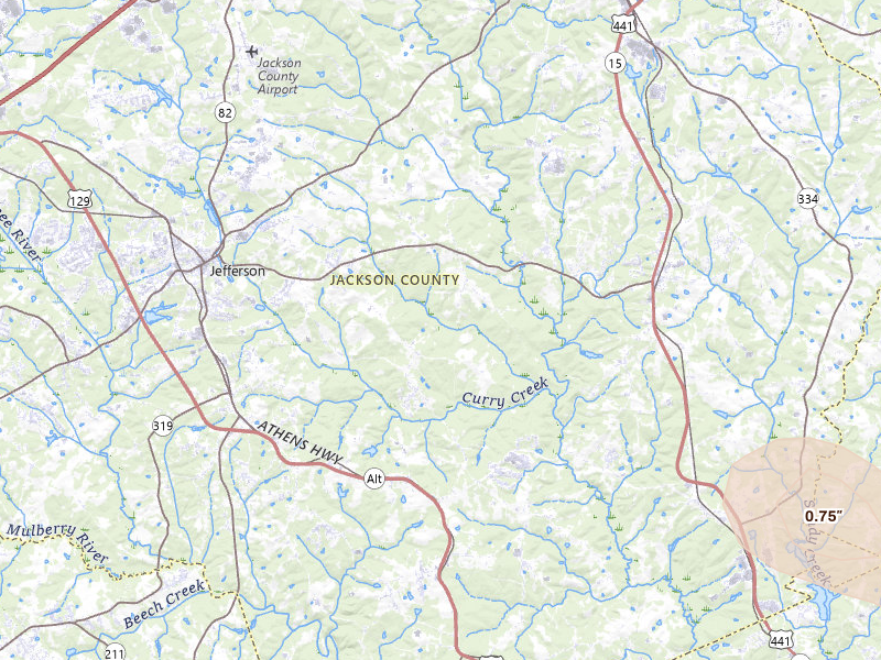 Radar-estimated hail-size map of the storm over Jefferson, GA on Jul 10, 2026