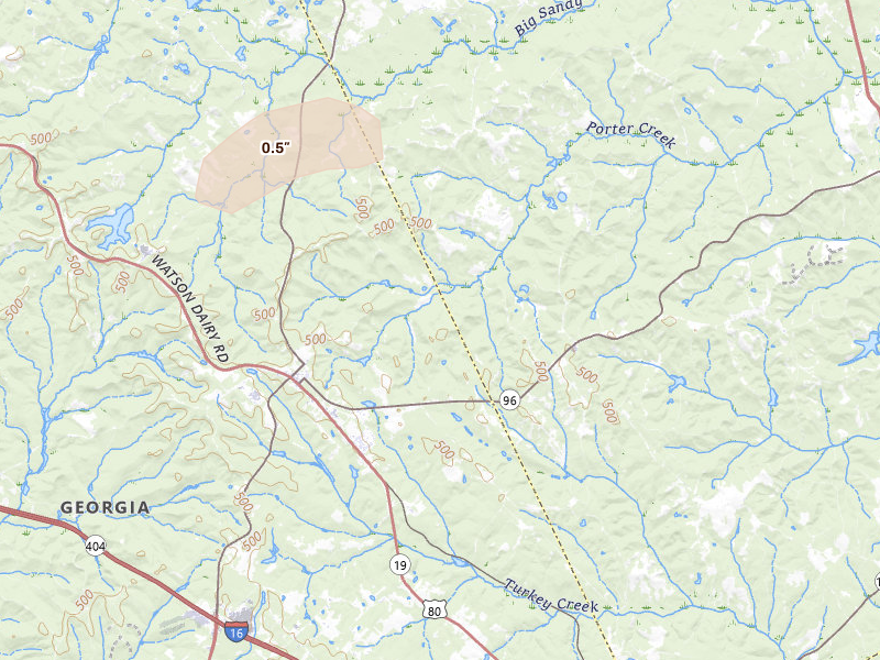 Radar-estimated hail-size map of the storm over Jeffersonville, GA on Jul 5, 2026