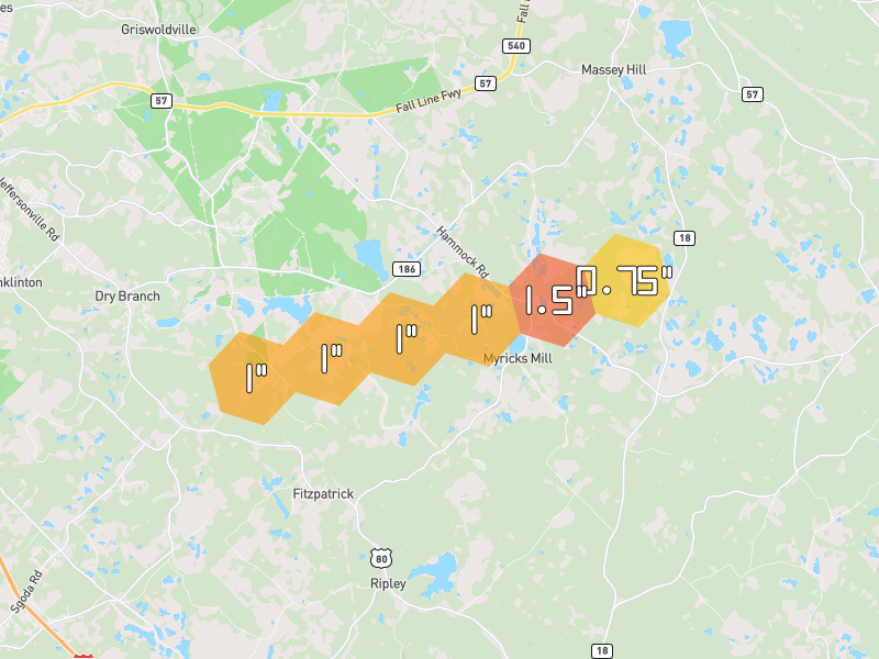Hail map of Jeffersonville, GA on Jul 9, 2026, hail up to 1.5"